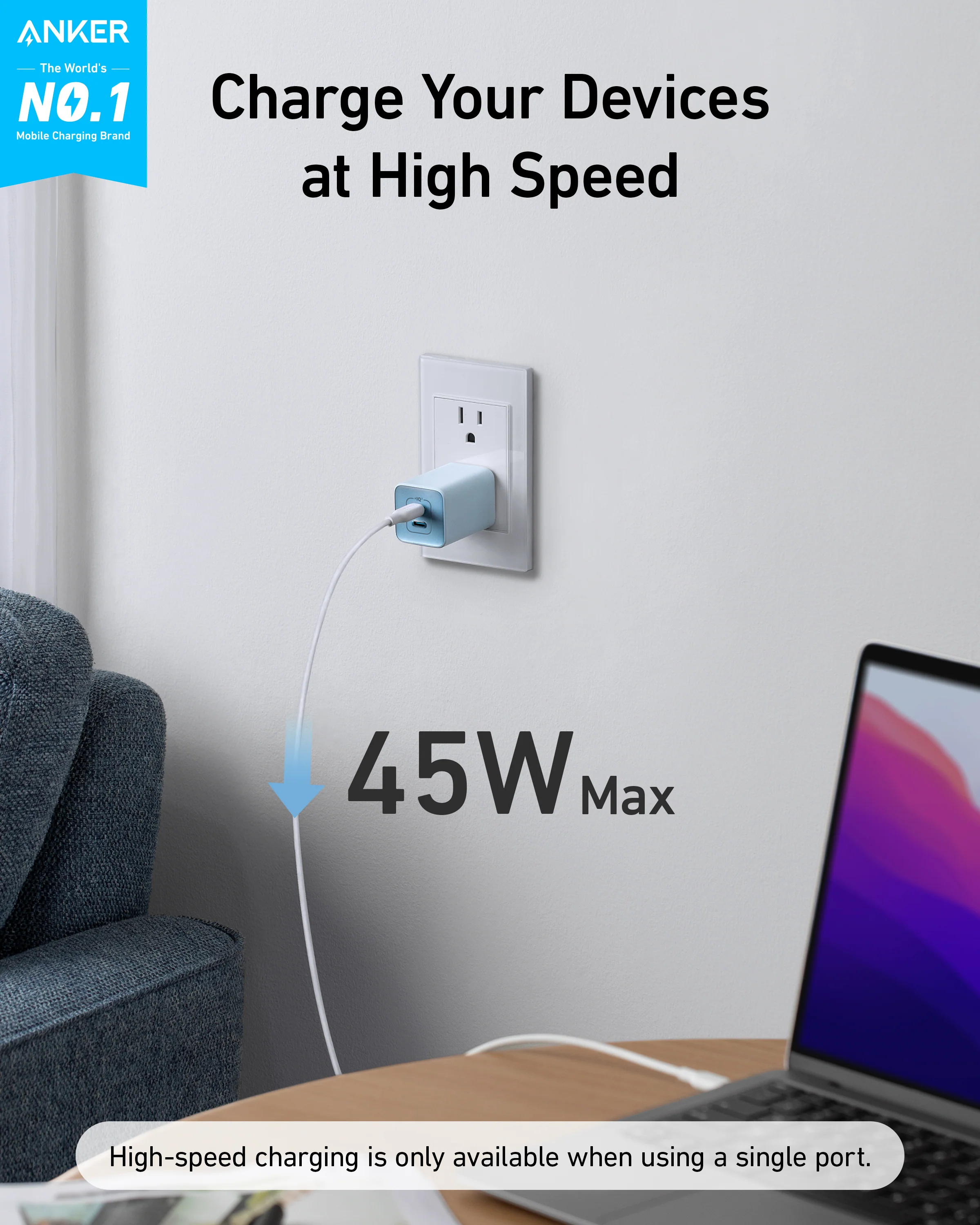 شاحن منزلي أنكر 523 USB-C بقدرة 47 واط بمنفذين – Nano 3 – أسود | A2039L11